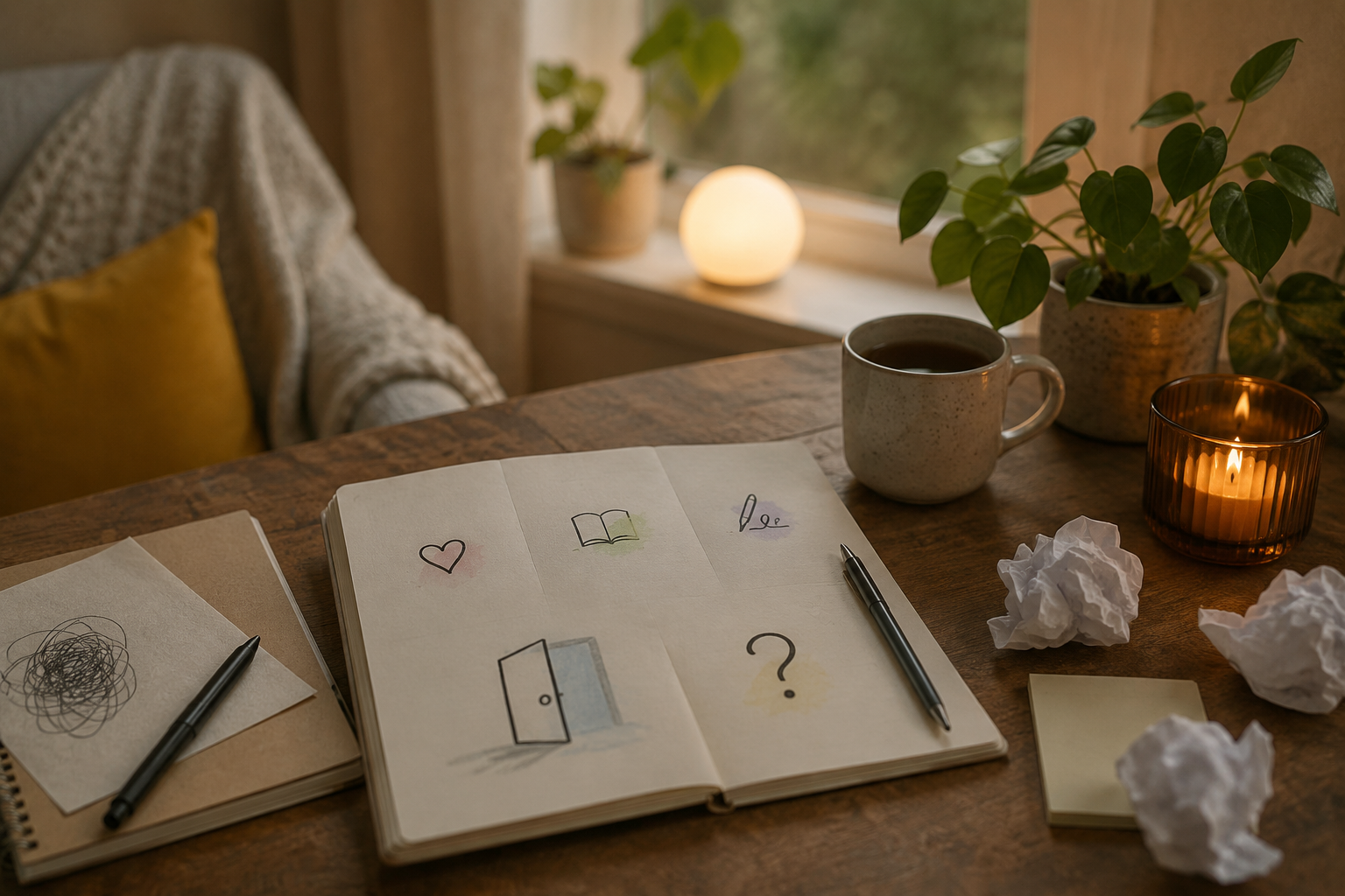 Cozy desk with a journal of small icons