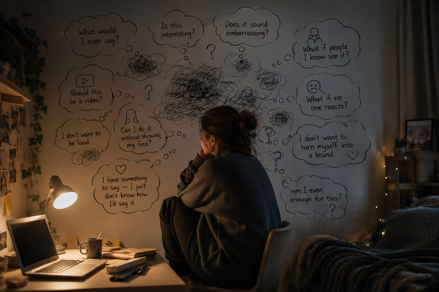 Person surrounded by anxious thought bubbles